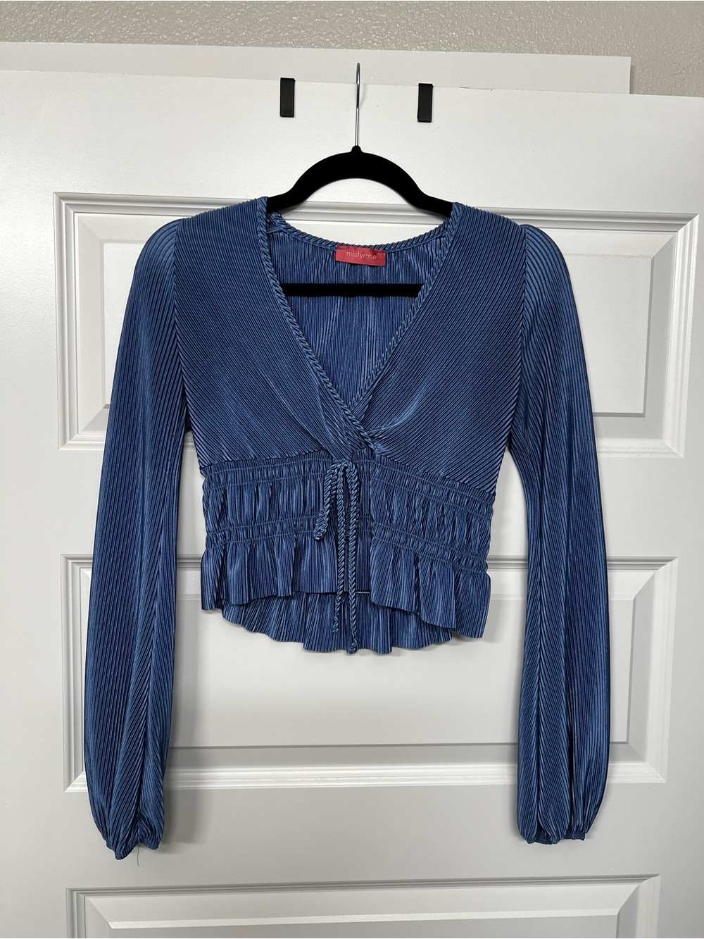 Pleated Blue Wrap-Front Long Sleeve Crop Top